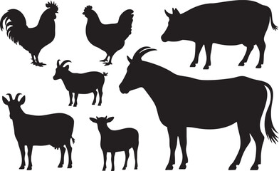 Farm animal silhouettes collection with rooster pig goat horse and chicken