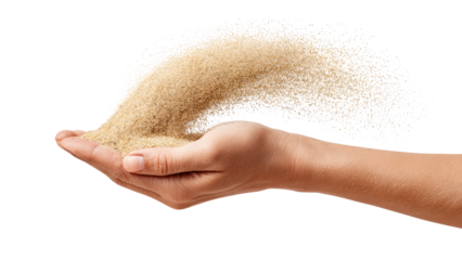Hand Holding and Releasing Grains of Sand on White Background