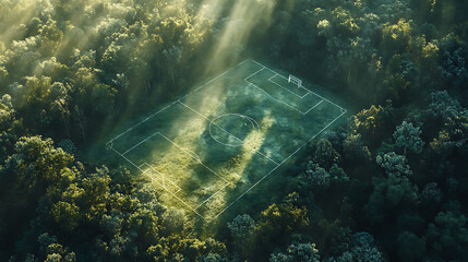 Obraz premium Empty soccer field in forest sunlight