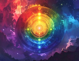 Geometric circular design over a vibrant, colorful nebula background