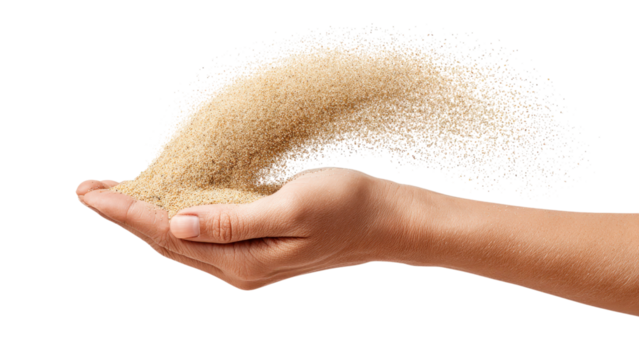 Hand Holding and Releasing Grains of Sand on White Background