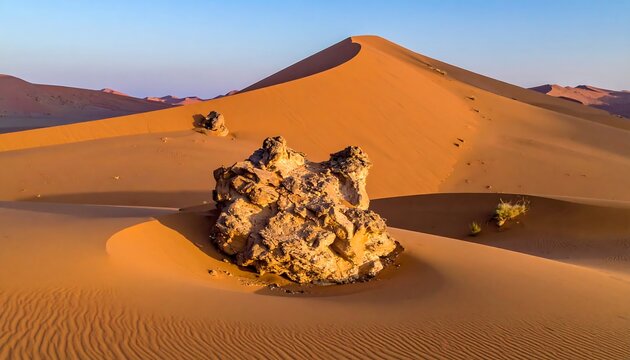 Sunny desert scenery with sand dunes and a rock formation