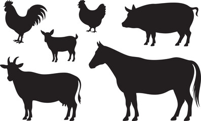 Farm animals silhouettes set livestock cow horse pig chicken goat rooster