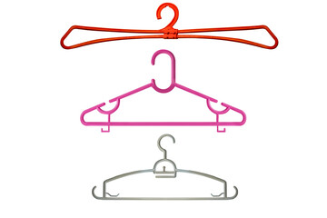 Set of Three Colorful Plastic Clothes Hangers Isolated on White Background