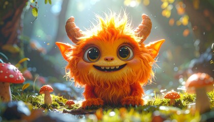 Cute Orange Creature Smiling in Forest.