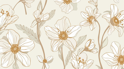 Elegant seamless floral pattern with delicate white and beige flowers, brown outlines, and leaves on a light cream background, in an illustrative style.