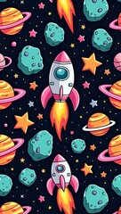 Naklejka premium “A seamless pattern of cartoon-style space elements — rockets, planets, stars, asteroids — outlined with thick black lines, flat neon colors, playful cosmic theme, vector graphic style.”