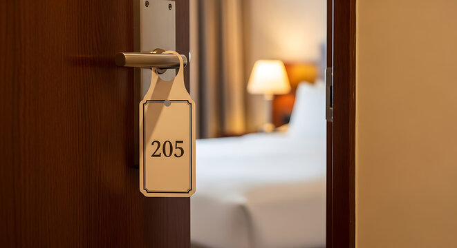 Hotel room number 205 door hanger with a blurred background of the room