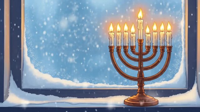 Hanukkah Menorah in Snowy Window.