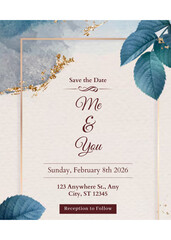 Rustic wedding card with leaves and branches vector. Wedding invitation in watercolor style. Design card template for wedding, birthday, party, celebration, birthday. Save the date, greeting card