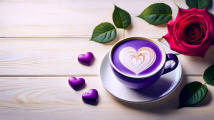 A white cup of Ube latte art with heart shape pattern, little purple heart decor and  a red rose in Valentine's Day theme.	