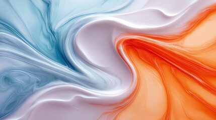 An abstract image featuring a swirling fluid composition with a gradient color scheme, showcasing a blend of blue, white, orange, and red hues.