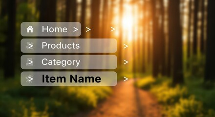 Digital navigation menu interface elements overlay a sunlit forest path scene