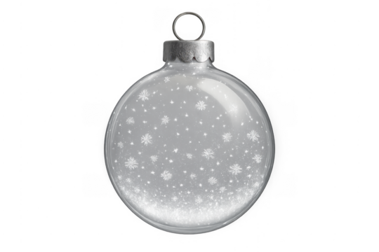 Glass christmas bauble with falling snow and transparent background