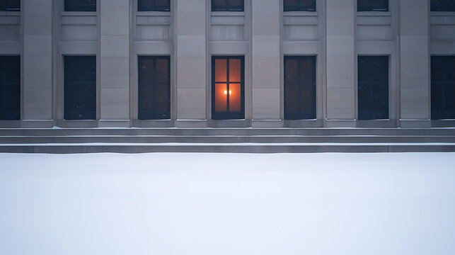 A building's solemn facade stands draped in winter's snow, its stone pillars echoing the stark beauty of the season. A window glows with an inner warmth, inviting reflection.
