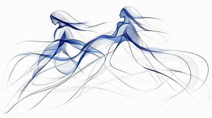Two abstract figures of women dancing, created with blue lines on a white background. The image evokes a sense of movement and fluidity.