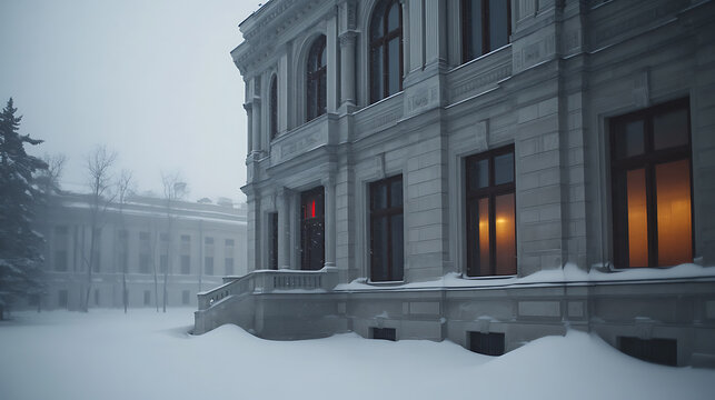 A snow-covered building exudes historical charm amid a winter wonderland. Its facade, dusted with snow, hints at stories within, while the soft light inside gives warmth.
