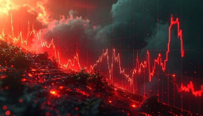 Declining graph over ominous landscape.