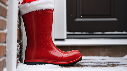 A festive red boot with a white furry top rests by a door in the snow, bringing the holiday spirit to a wintery doorstep. Snow lightly falls, adding to the seasonal charm.