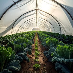 Inside a greenhouse, rows of crops grow under a sunlit tunnel