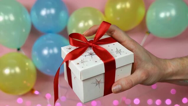 Cinematic 4K flat lay footage of a small white gift box with red ribbon held against a sparkling pink background with festive stars and balloons perfect for holiday or celebration stock videos