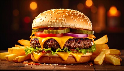 Delicious Burger with Fries on Wooden Table.