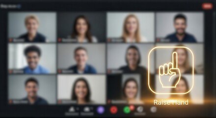 Digital interface displays multiple participants in a grid view during a virtual meeting with an active hand-raising function highlighted.