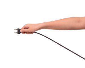 Close-up of a hand holding a black electric power cord plug isolated on transparent PNG.