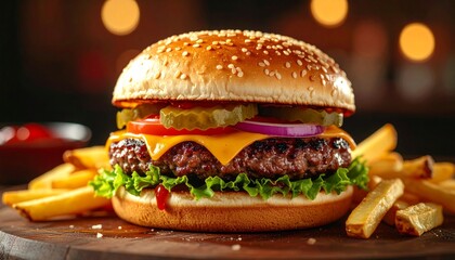Delicious cheeseburger and fries close up.