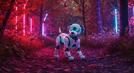 A Futuristic Robot Dog on a Leafy Path Through a Surreal, Neon-Lit Autumn Forest.