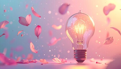 創造性のシンボル：日の出のような暖かな光に包まれた電球と花々