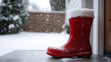 A red boot with white fur trim sits on a snowy porch, blending festive charm with wintry beauty. Ideal for seasonal greetings & cozy themes! Perfect for festive decor.