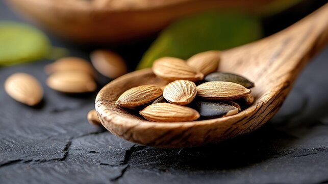 Close-up of almonds and pumpkin seeds in a wooden spoon on a dark textured surface. Healthy eating concept.