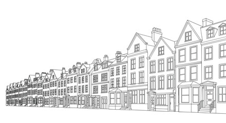 A black and white line drawing illustrating a long row of traditional terraced houses, forming a classic urban streetscape with a receding perspective.