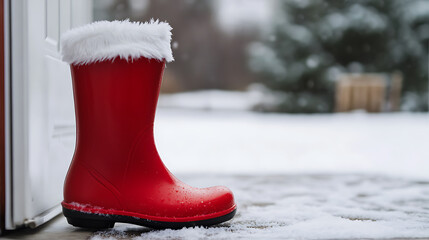 Festive winter footwear: A red boot with white faux fur trim sits on a snow-covered porch, hinting at cozy warmth amidst the cold. A cheerful touch to the snowy scene.