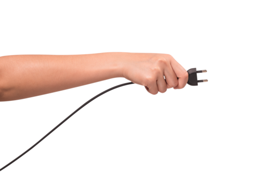 Close-up of a hand holding a black electric power cord plug isolated on transparent PNG.