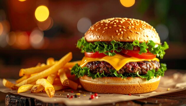 Delicious Burger and Fries on Table.