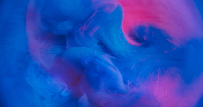 Haze splash. Blur dye flow. Color paint puff wave pink purple water bright stream blend. Blue violet smoke abstract neon background.