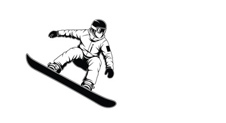 Fototapeta premium Dynamic black and white illustration of a snowboarder in mid-action, wearing a helmet and goggles, capturing the thrill of winter sports.