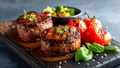 Grilled steak with vegetables.