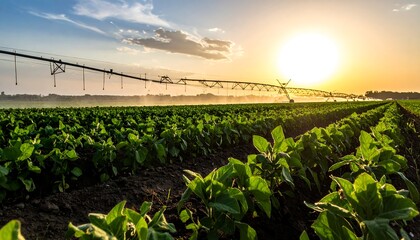 Irrigation system over green crops at sunset