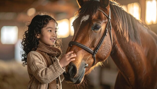 Girl petting brown horse in a stable.