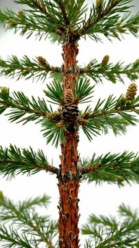 Examining a Young Tamarack Tree Sapling With New Cones, White Background