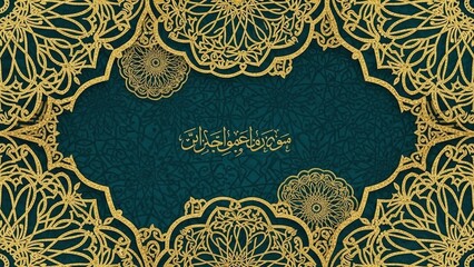 Elegant gold filigree invitation design for Ramadan, Eid, or Islamic holiday greetings with Arabic calligraphy on a teal background for festive celebrations