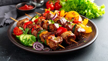 Grilled kebabs with meat and vegetables served on a plate with garnishes