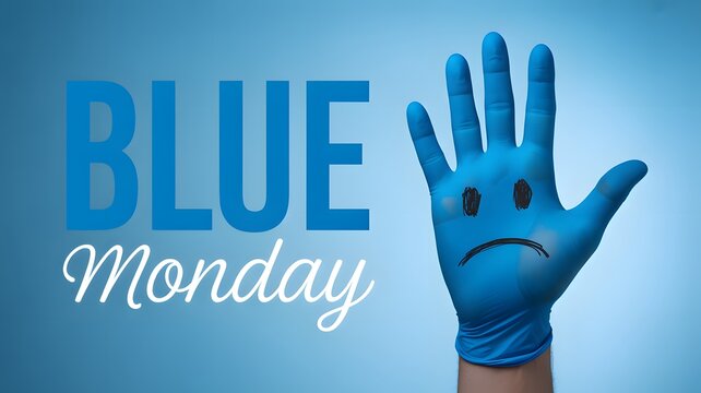 Sad blue monday gloved hand with frowny face symbolizing low mood and the start of the week