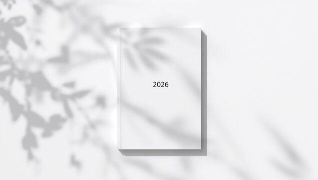 2026 Diary and Shadows: a diary lies on a flat surface, with a leafy shadow cast across the scene, creating a sense of simplicity and a promise of future plans.
