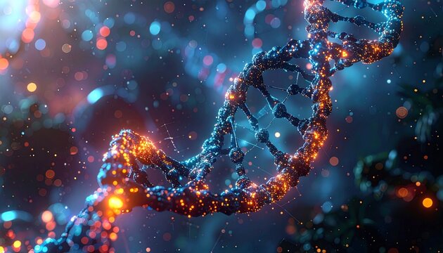 DNA structure with glowing particles.