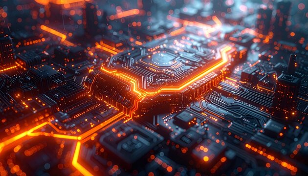 Glowing circuit board with data flow.
