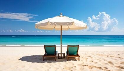 Beach chairs under umbrella by ocean.